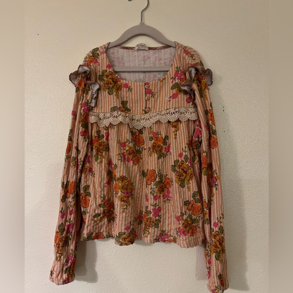 Striped Floral Lace Trim Little Girl Top, size 10